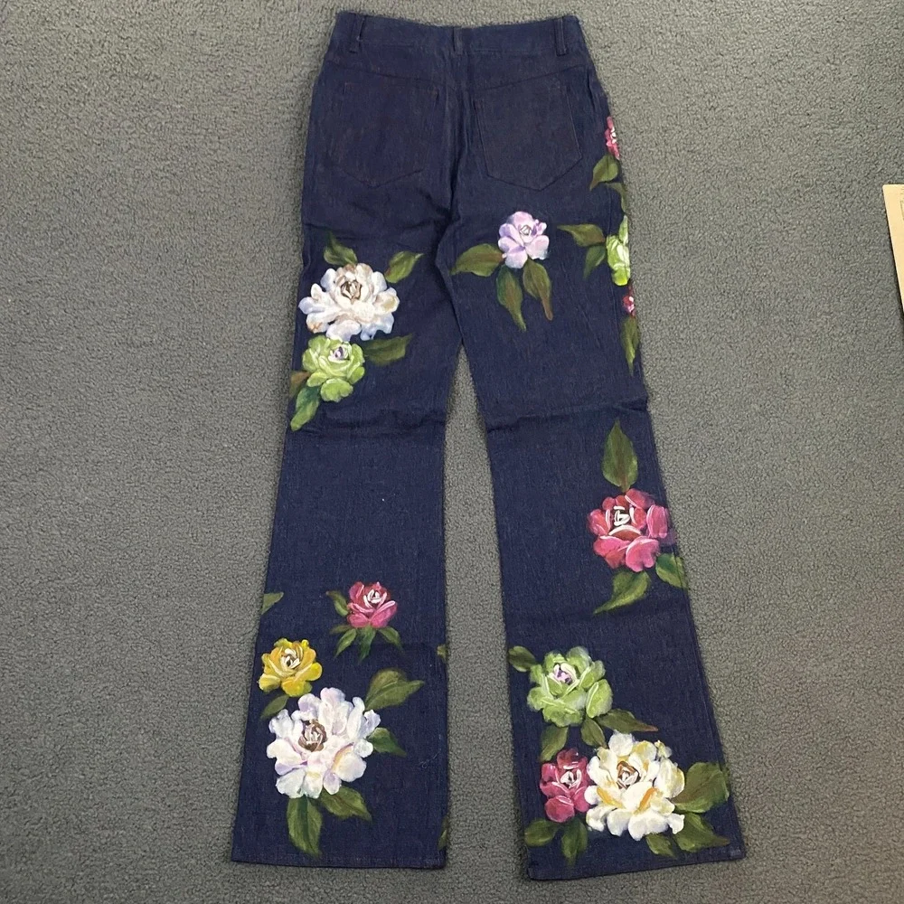 Vintage Y2K Mandalay Jeans size 4 Flare Bootcut Hand Painted Flowers Boho NEW - Picture 6 of 12